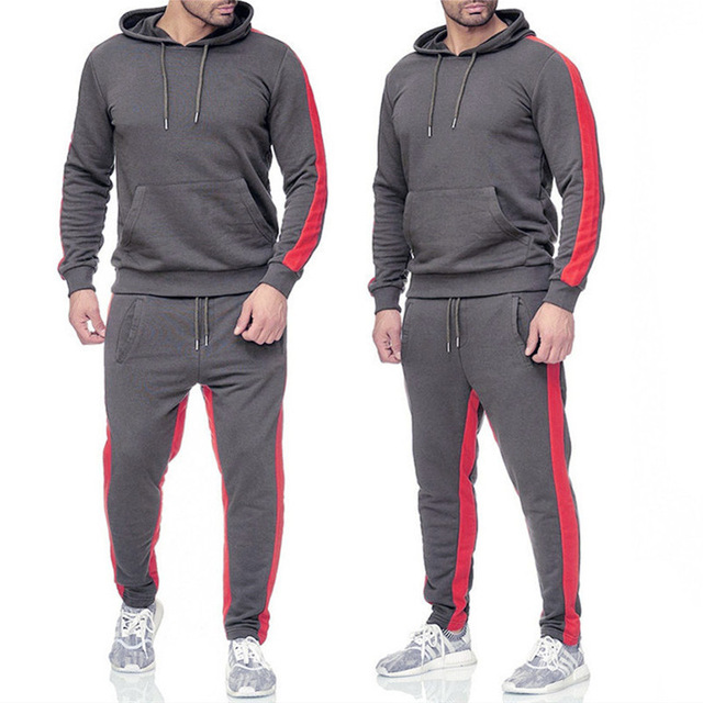 2 Pieces Sets Tracksuit Men Autumn Winter Hooded Sweatshirt + Pants Male Stripe Patchwork Hoodies Set 