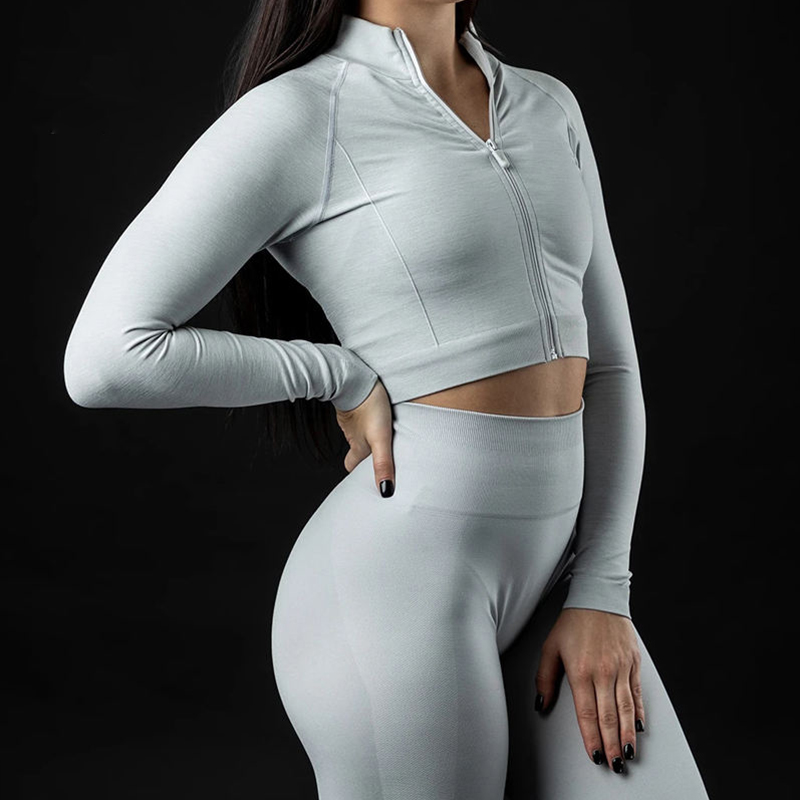 Custom Stretchy Quick Dry Long Sleeves Shirt Front Zipper Crop Top Sportswear For Women Gym Fitness Sets 