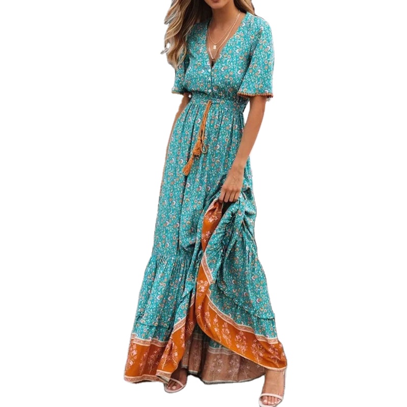 2023 New Casual Summer Sexy Deep V Neck Rayon Long Dress Women Wrap Plus Size Floral Printed Maxi Beach Boho Dresses Vestidos 