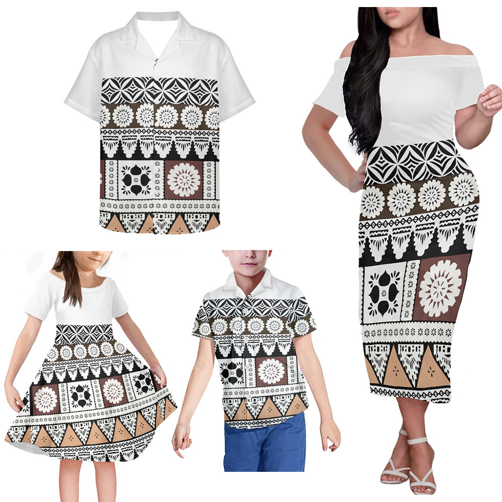 Exquisite Fiji Tapa Design Dress Women Off Shoulder Adult Children&#39;s Clothing 4-piece Sets Family Set Plus Size Dresses 
