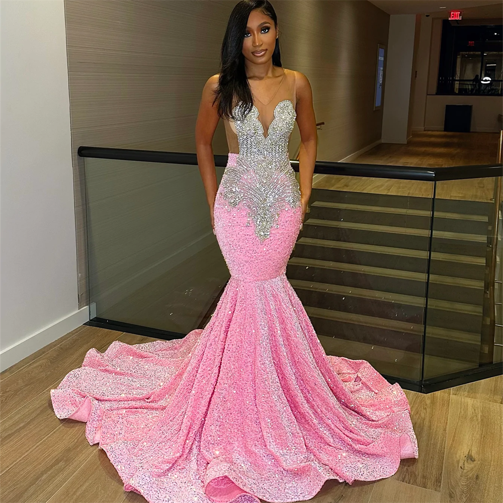 Askw003 Luxury Beading Sequin Sleeveless Mermaid Prom Dresses Illusion Back Pink Evening Party Dresses For Women 