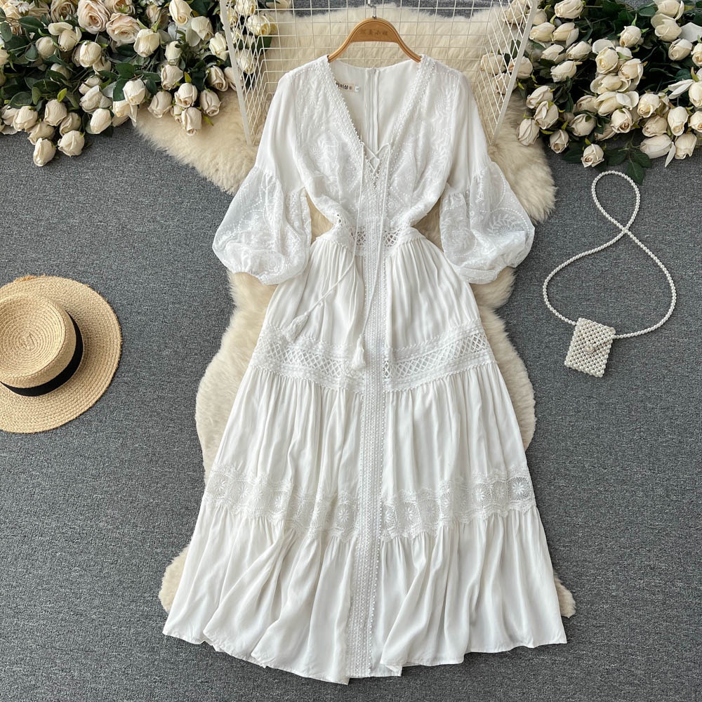 2023 New Spring And Summer V-neck French Gentle Holiday Women&#39;s Dress Embroidered Long Skirt 