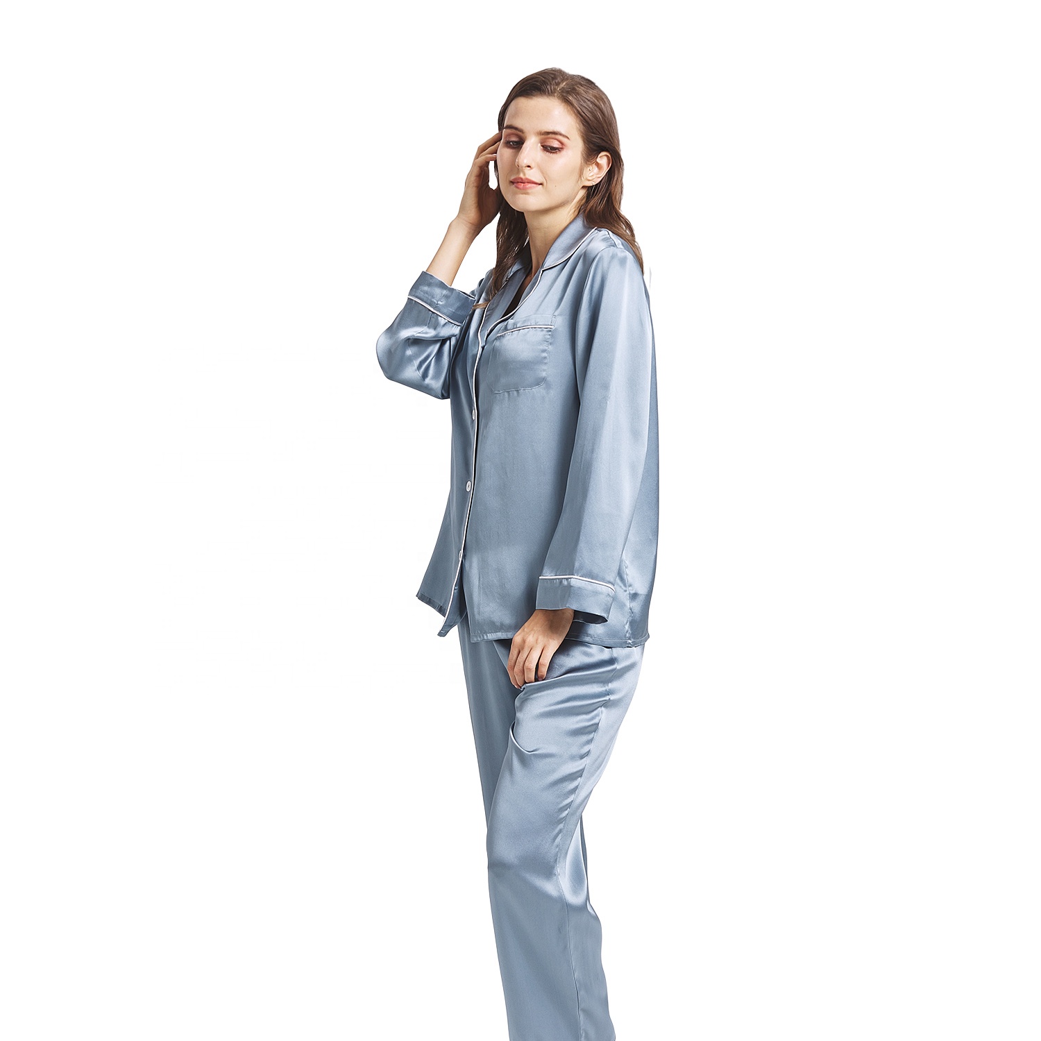 New Arrivals Luxury V-neck Misty Blue Silk Pajama Set Long Sleeves Silk Sleep Wear Custom Logo 22 Momme Silk Sleepwear 