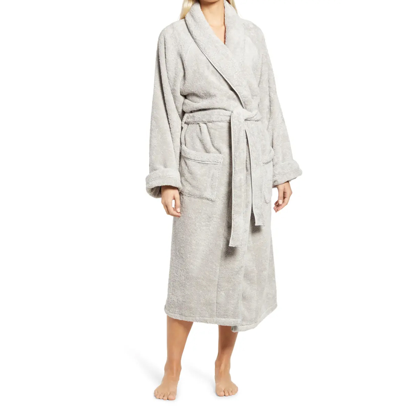 Plush Cotton Towel Fabric Plush Shawl Collar Front Patch Pocket With Removable Belt Plus Size Women&#39;s Home Casual Nightgown 