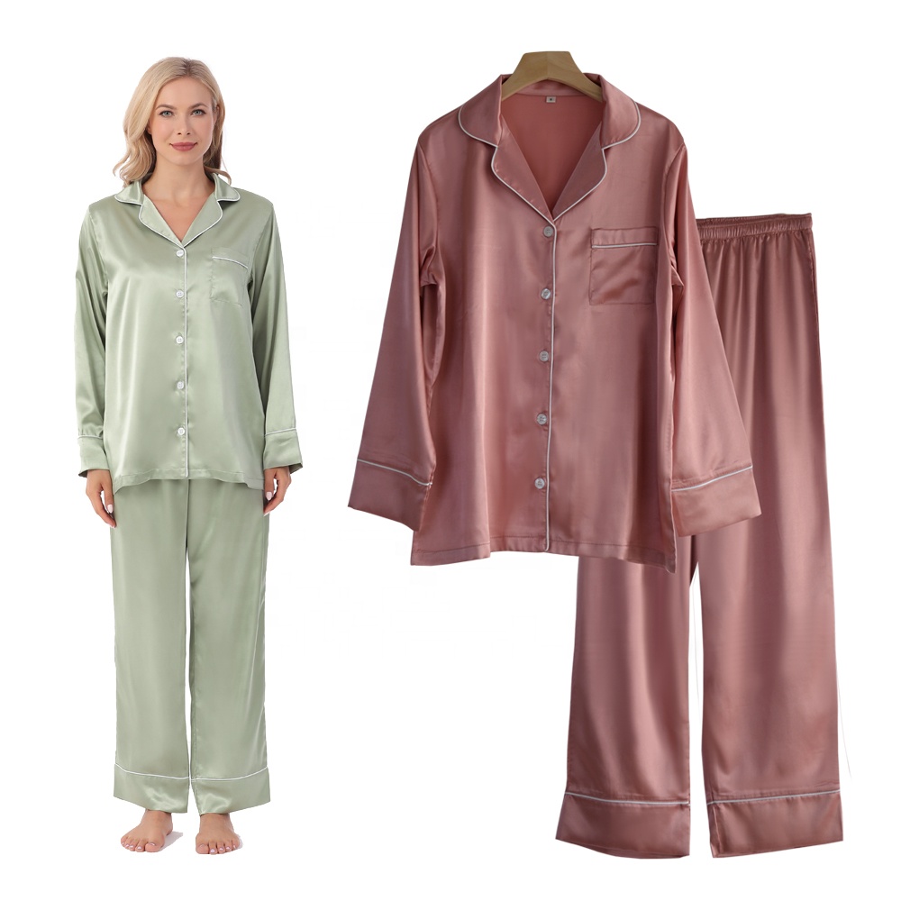 Solid Color Long Sleeves Silk Satin Women Pajamas Sleepwear 