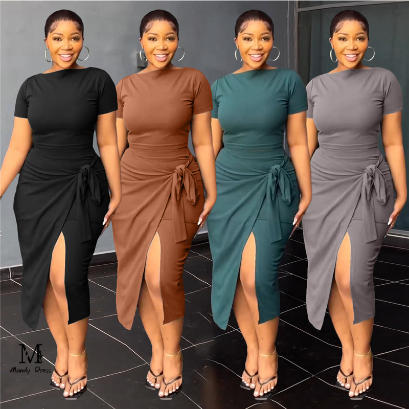 Elegant Women Two Piece Set Summer Matching Outfits T-shirt And Split Skirt Sets Fashion Casual Female 2 Piece Suit 2023 New In 