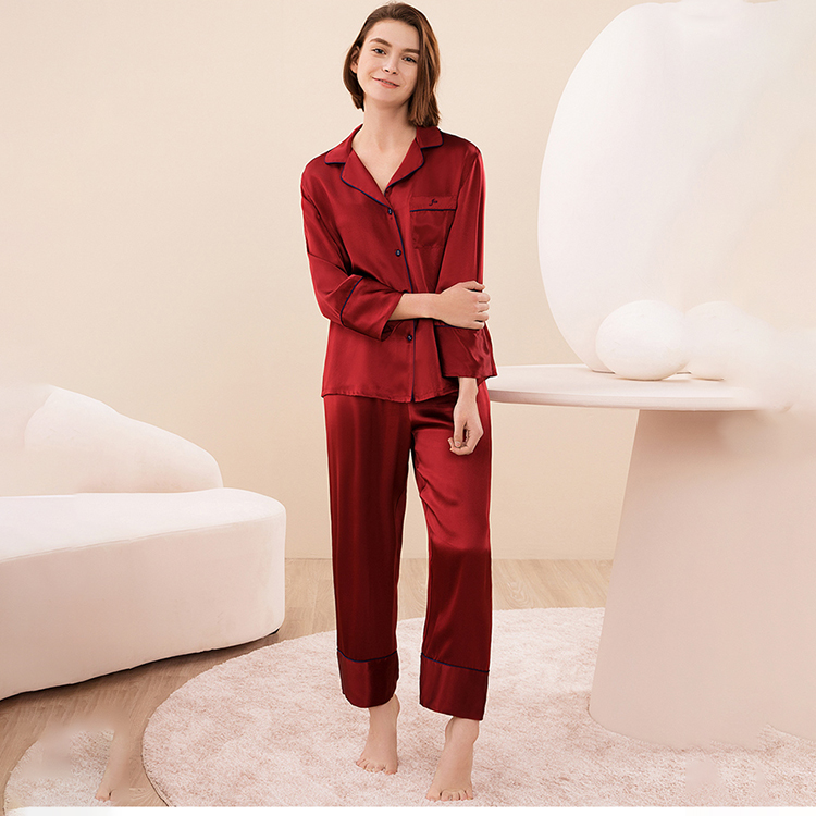 Women&#39;s Sleepwear Silk New Arrival Summer 100% Mulberry Silk Long Sleeve 2 Piece Set Home Wear Ladies Silk Pajamas 
