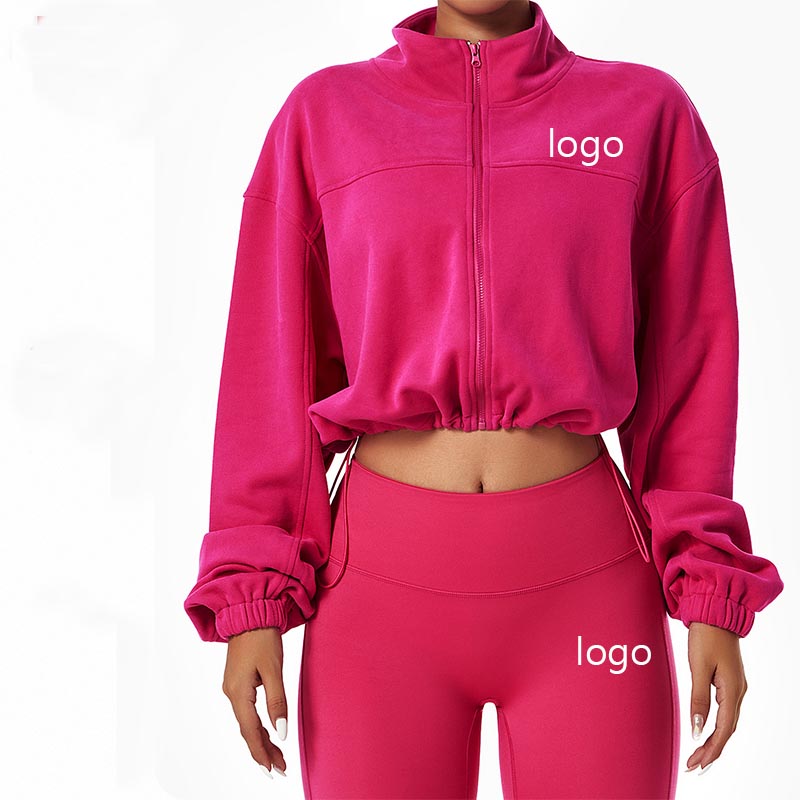 Custom Women&#39;s Sportswear Ladies 2 Piece Set Full Zip Up Sweatshirts Crop Fitness Gym Yoga Pants Sets 
