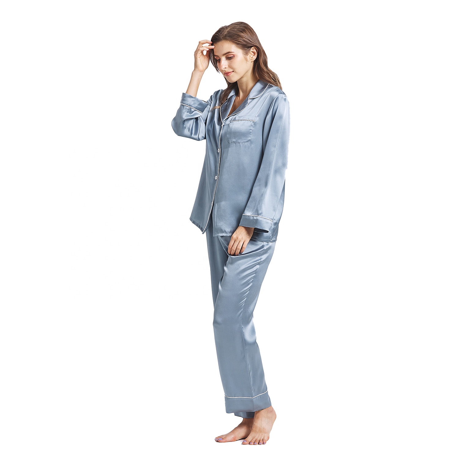 Wholesale Oem&amp;odm Custom Logo 100% Silk Pyjamas Solid Lounge Wear Sexy Misty Blue Sleepwear Organic Silk Pajama Set For Women 