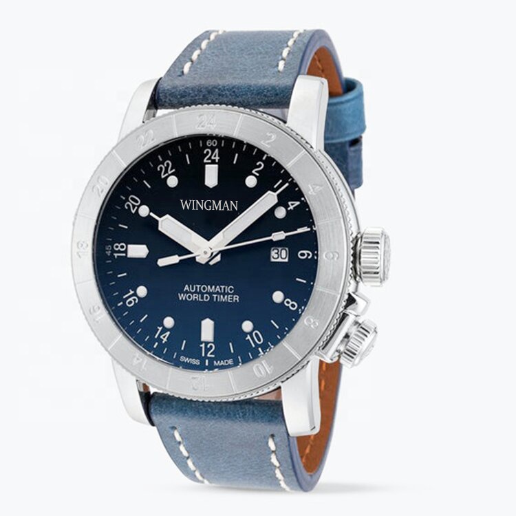 Custom High-end 10atm Sapphire Crystal Waterproof World Time Gmt Swiss Automatic Movement Of Man Wristwatch 