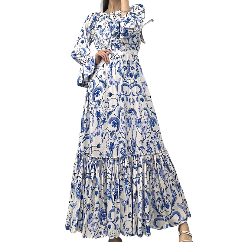 Spring '24 Luxury Brand Ruffled Long Women's Floral Print Blue Almendra Habitat Maxi Dress Casual Party Girls Customization