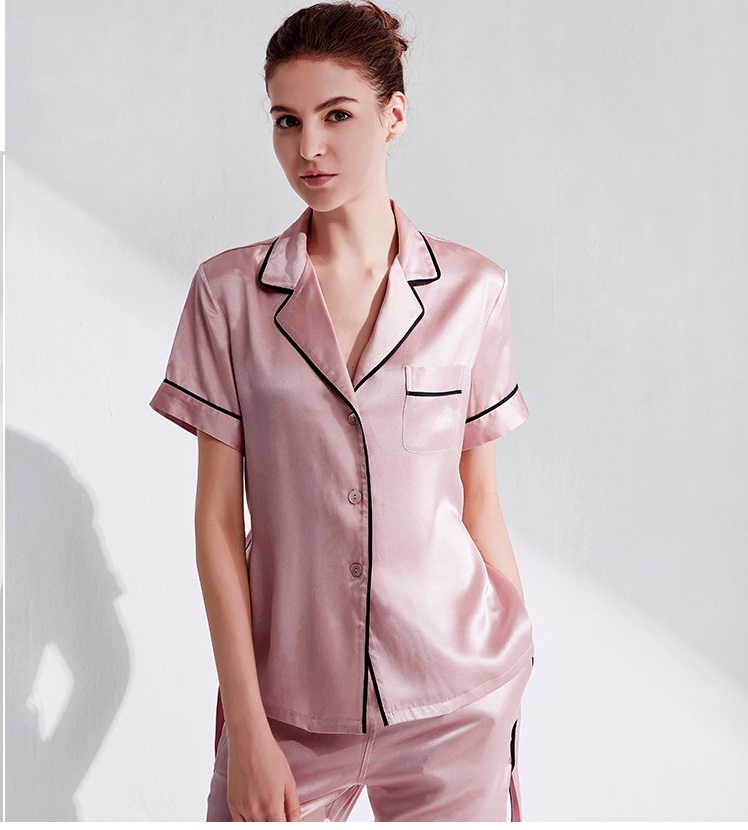 100% Pure Mulberry Silk Women Pajamas Set Notch Collar Soft Sleepwear Pijamas Short Sleeve Button Down Nightwear With Long Pants 