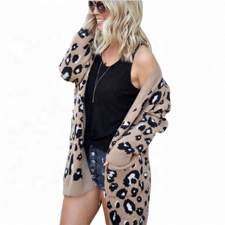 Women Casual Fashion Outwear Coats Large Oversized Knitwear Leopard Long Cardigan Sweater 