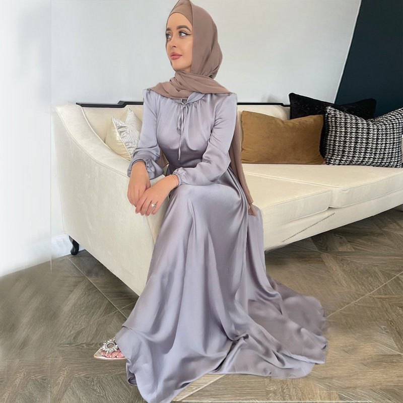 Modest Fashionable Elegant Satin Abaya Women Muslim Dress Turkey Islamic Solid Dress Long With Soft Waist For Women 