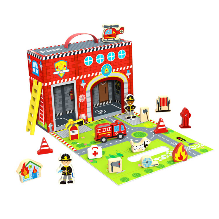 2022 New Design Kids Wooden Educational Fire Station Story Box Toys 
