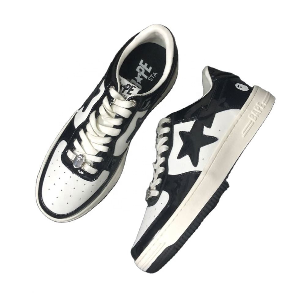 Hot Sale Unisex Casual Shoes Bape Sta Black And Yellow Meteor Printing Skateboard Low Top Leather Sport Shoes 