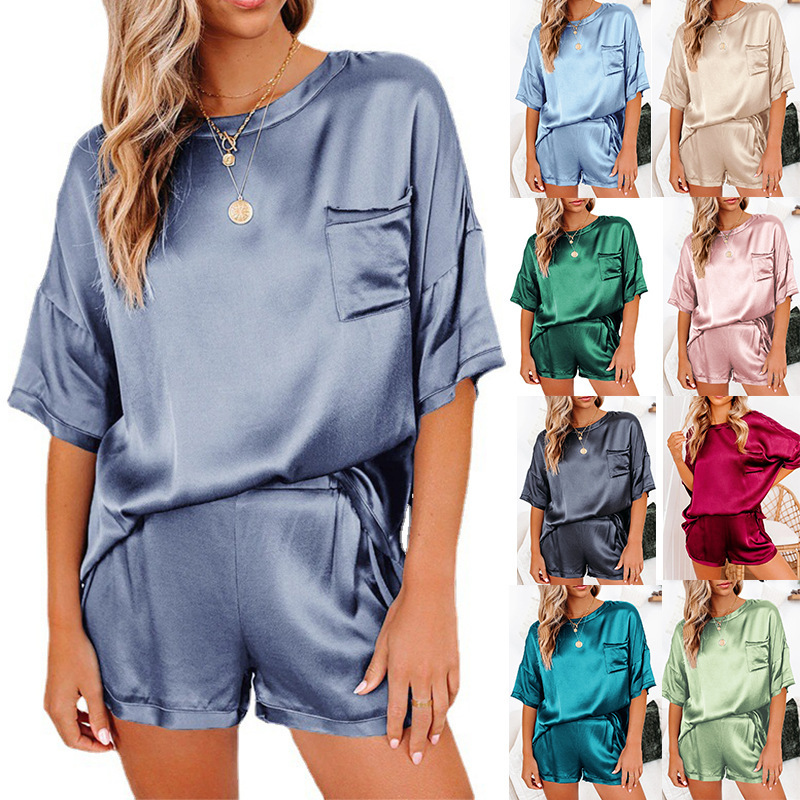 Ns2008 Amazon Top Sellers Solid Color Silk Pajamas Women&#39;s Sleepwear Satin Pajama Sets 
