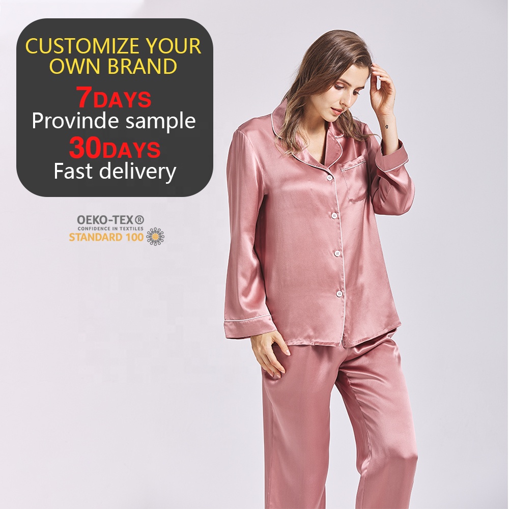 Factory Price Dark Pink Silk Sleepwear Luxury V-neck Long Silk Pyjamas Women 100% Mulberry Silk Pajamas Set For Women 