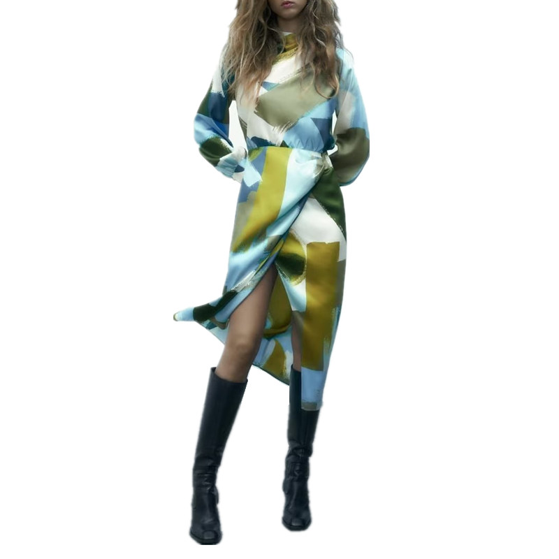 Pb&amp;za 2023 Spring New Elegant Printed Midi Dress Stand Collar Long Sleeves Slit Fashion Wholesale Women&#39;s Clothing 2393101 