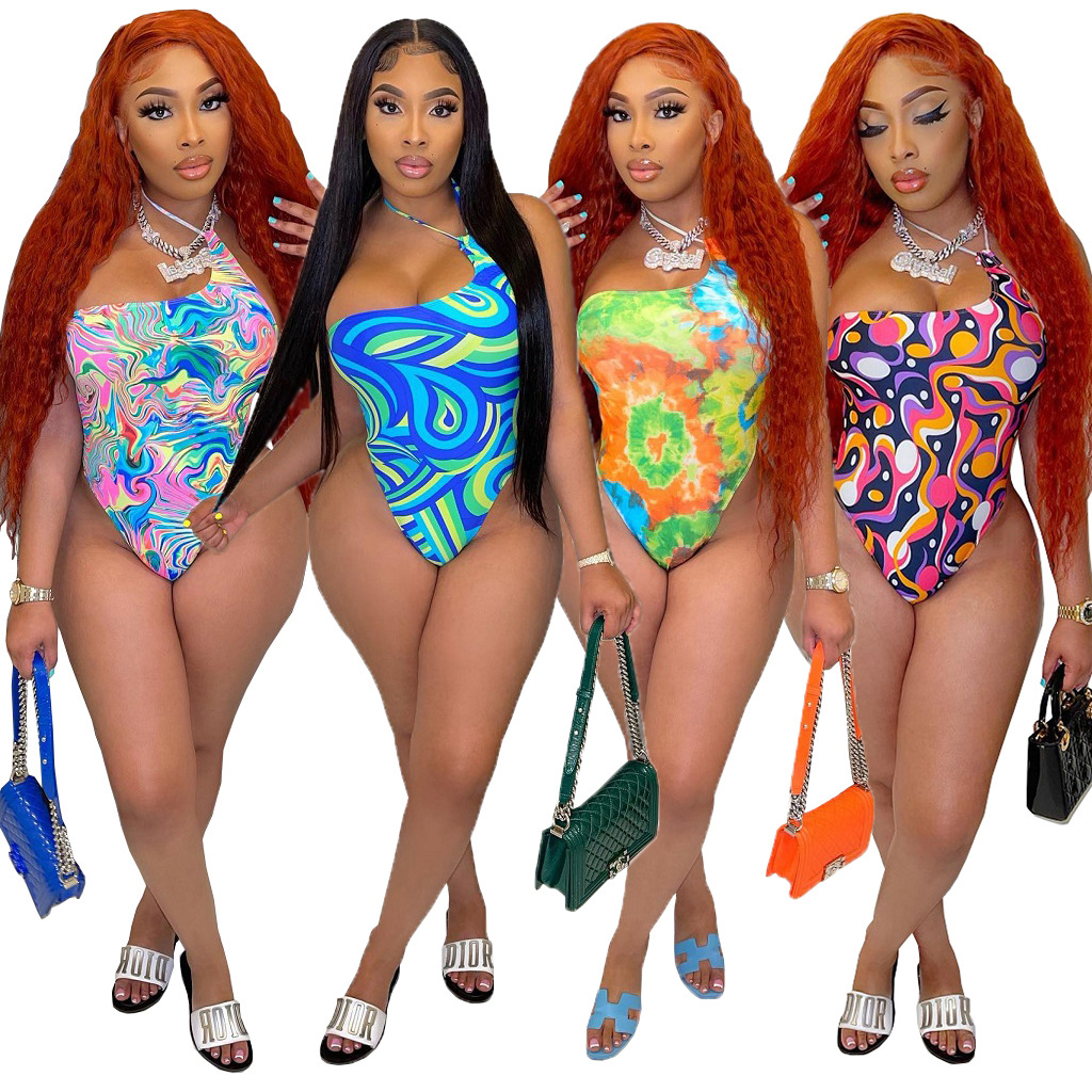 2022 Newest Design Printing Sexy Bodysuit Swimsuit Summer Sleeveless Beachwear One Piece Swimsuit For Women 
