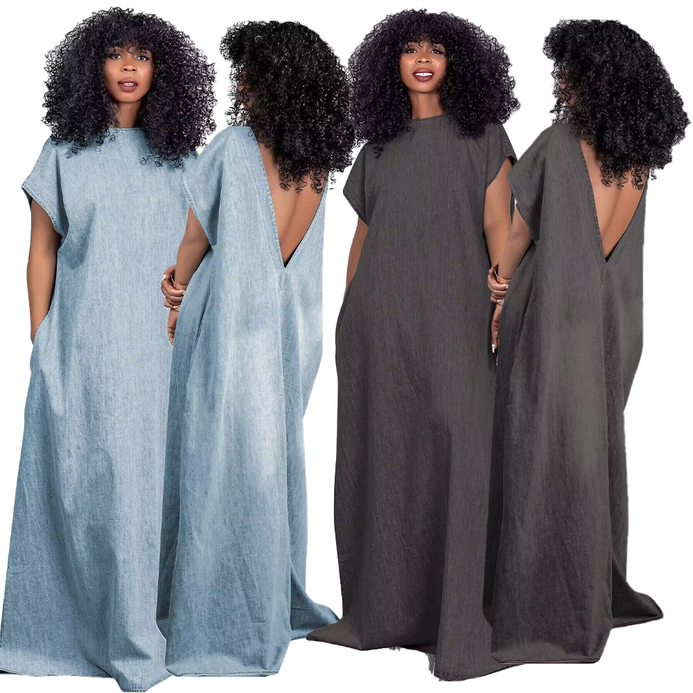 X30304 Women Wholesale High Quality Denim Color Long Dresses Vintage Dress Short Sleeve Backless Solid Color Robe 