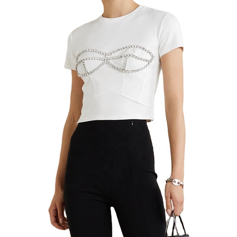 Oudina New Street Fashion Solid Color Casual Drill Diamond Shirt Short Sleeve T-shirt Women 