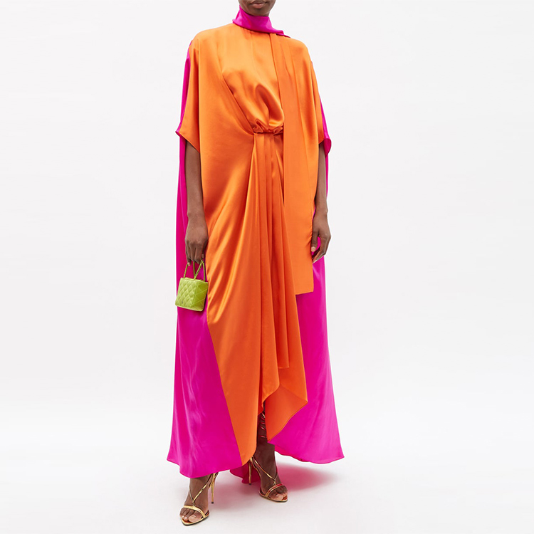 New Hot Sale Flowy Design Elegant Two Tones Colorblock Key Hole Back Adjustable High Neck Tie Draped Satin Kaftan Dresses Women 