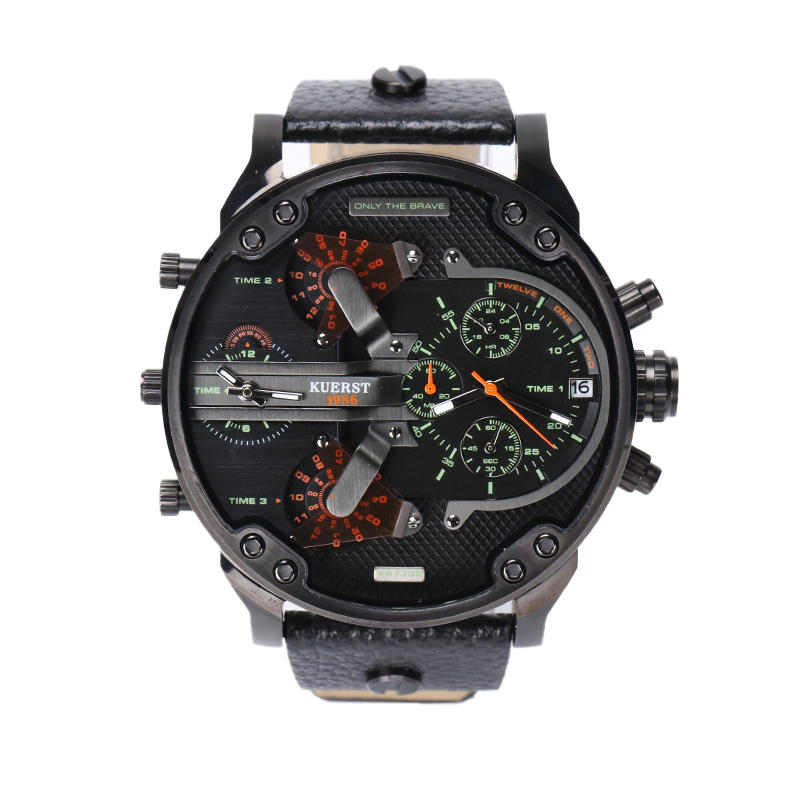 Kuerst High End Stainless Steel Black Large Dial Men&#39;s Watch Multi Functional Sport Time Quartz Watch 
