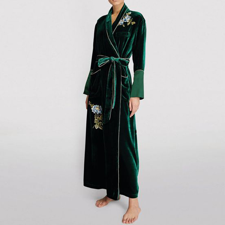Beta Top Grade Embroidered Sequins Womens Green Long Velvet Robe Soft Bathrobe Customize Logo Sleepwear High End Bathrobes 