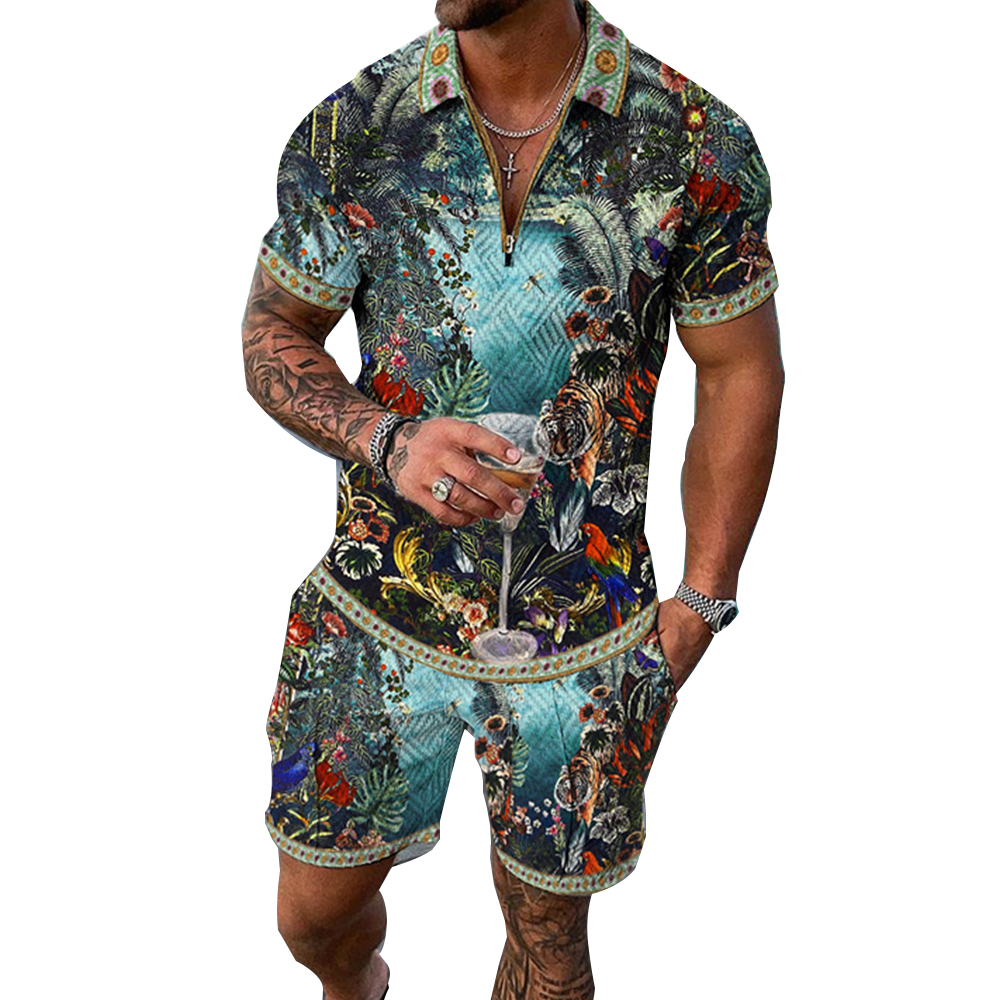 New 3d Digital Printing Fashion Men&#39;s Short Sleeve Polo Shirt Two Piece Set 