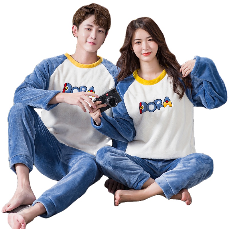 Wholesale Leisure Wear Two-piece Set Woman Men Flannel Pajamas Couple Loungewear Winter Autumn Spring Cartoon Letter Sleepwear 