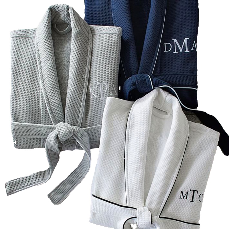 Custom 5 Star Hotel Logo Luxury Piped Trim Spa Bath Robe 100% Cotton Waffle Weave Bathrobe With Terry Toweling Inner 