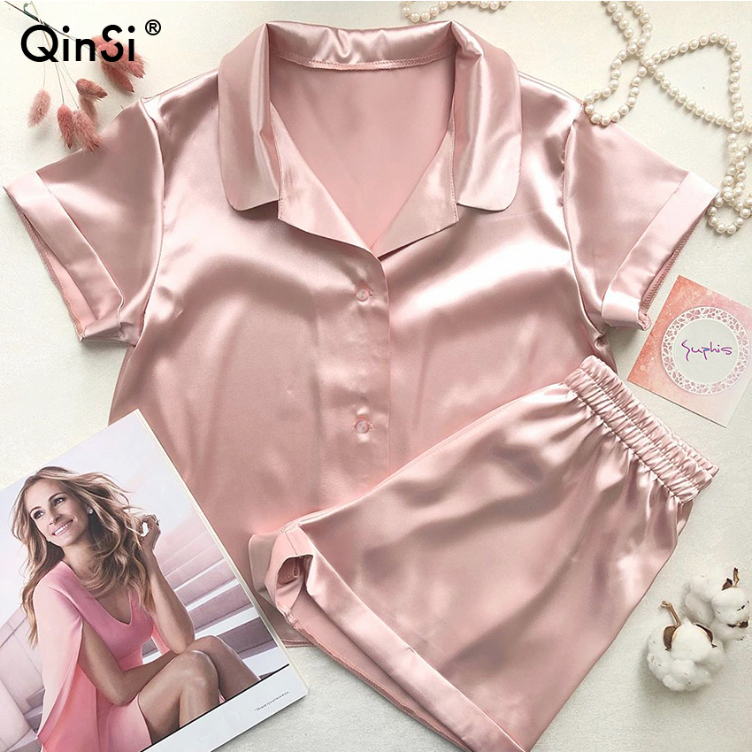 Qinsi Women&#39;s Sleepwear Sexy Satin Pajama Set Pink Satin Turn Down Collar Pyjamas Short Sleeve Solid Satin Top And Shorts 