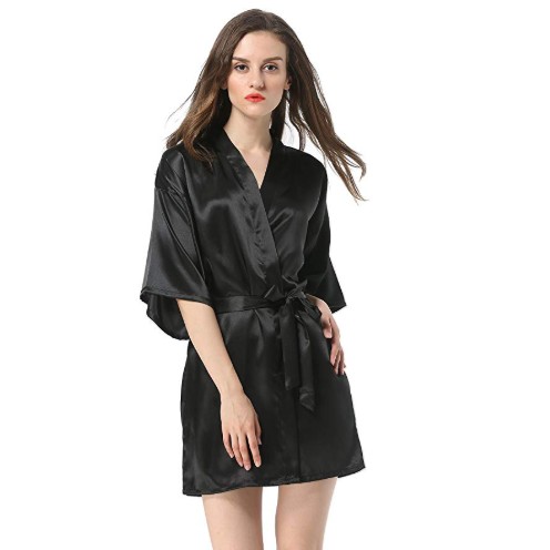 Women&#39;s Short Silk Kimono Robes Pure Color Sleepwear Bathrobe For Wedding Party 