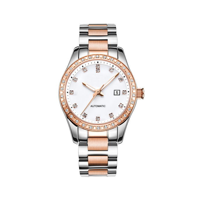 Woman 316l Diamond Ladies Date Calendar Back And Buckle Exclusive Stainless Steel Automatic Ip Plating Two-toned Mechanic Watch 