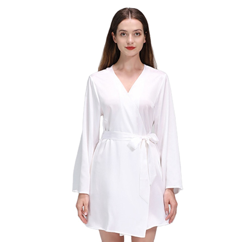 Wholesale Pure Color 100% Real Silk Women's Kimono Short Robe Classic Bathrobe Nightgown 