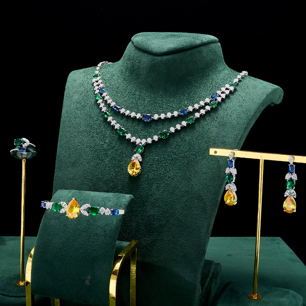 015176 Luxury Colorful Cubic Zircon Necklace Set For Women Fashion Cz Jewelry Sets Wedding Prom Party Jewellery Accessories