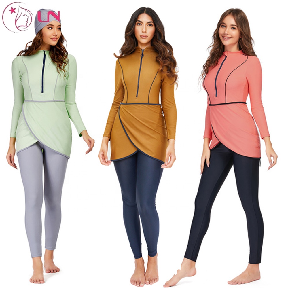 Wholesale 2023 Borkini Muslim Long Sleeve Women's Swimsuit Solid Swimsuit 4-piece Islamic Women Modest Swimwear 