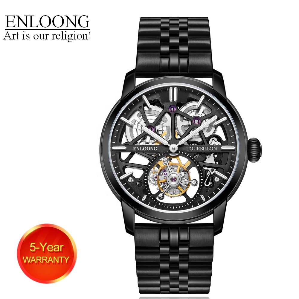 2021 Enloong Real Luxury Tourbillon Watches Men With Long Power Reserve Stainless Steel Band Sapphire Oem Watch Luxury Black 