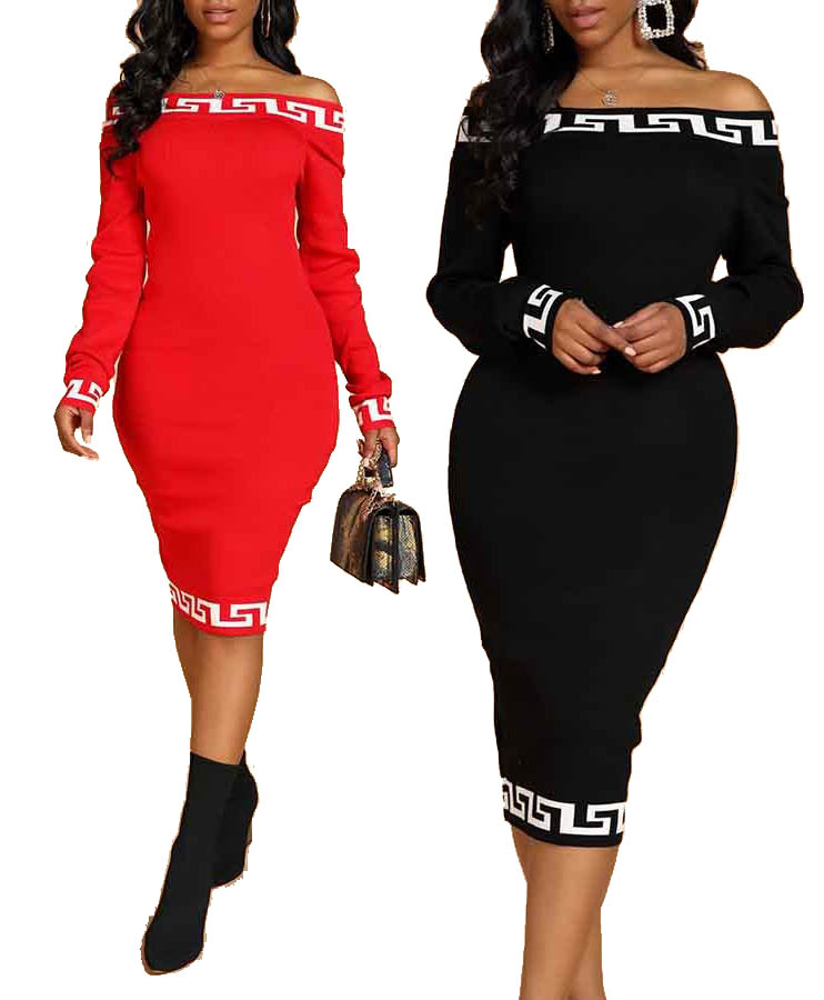 Best Work Out Clothing Women Fashion Casual Slim Dress Plain Stitching Printed Word One Shoulder Plus Size Women&#39;s Clothing 