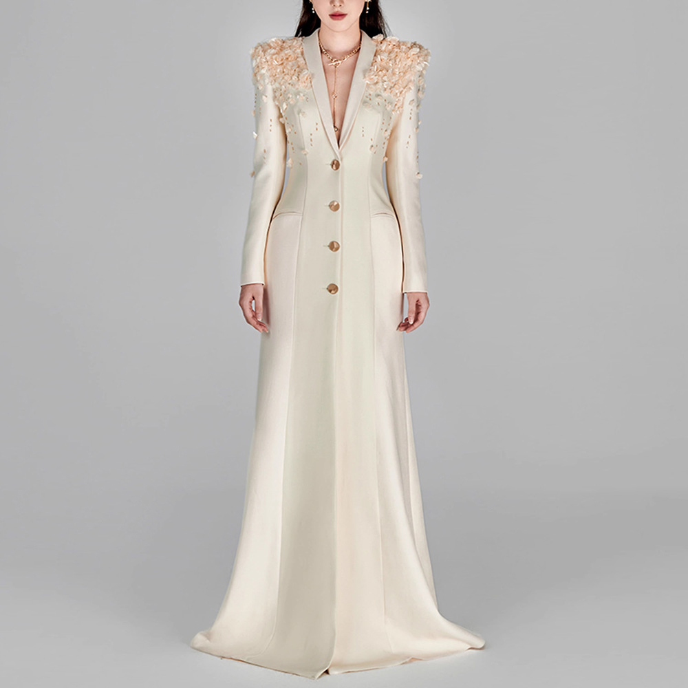 Women's Clothing Elegant Long Sleeves Suit Collar Long Dresses Beading Casual Maxi Dress