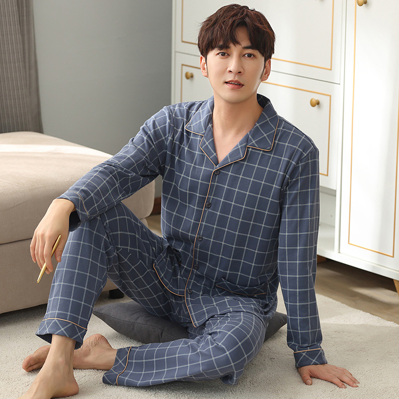 2201 Wholesale Mens Pyjamas 100% Cotton Pajamas For Men Long Sleeve Two Piece Pajama Set Top &amp; Pants Men&#39;s Sleep Wear 