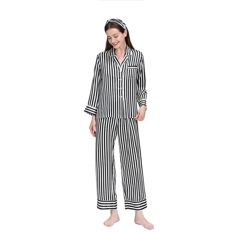 19mm Mulberry Silk Women&#39;s Classic Striped Pajama Set Sleepwear Loungewear 