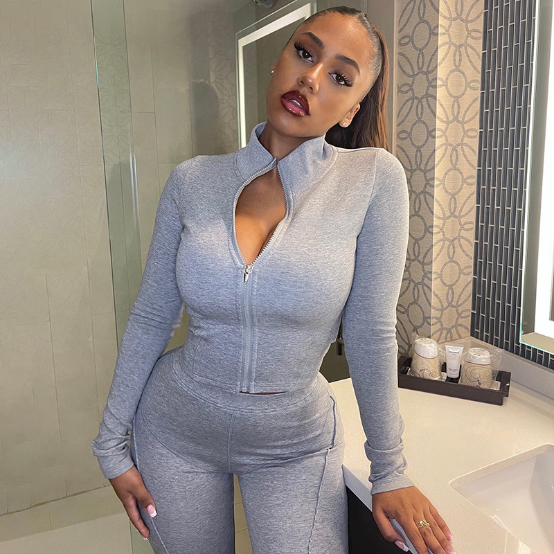 2022 Fall Autumn Women&#39;s Zipper Neck Long Sleeve Solid Color Fashion Women Clothing Two Piece Out Outfit Pants Set 