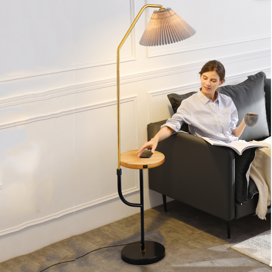 Wooden Smart Bedroom Living Room Home Decor Luxury Nordic Modern Table Wireless Charging With Usb Floor Lamp 
