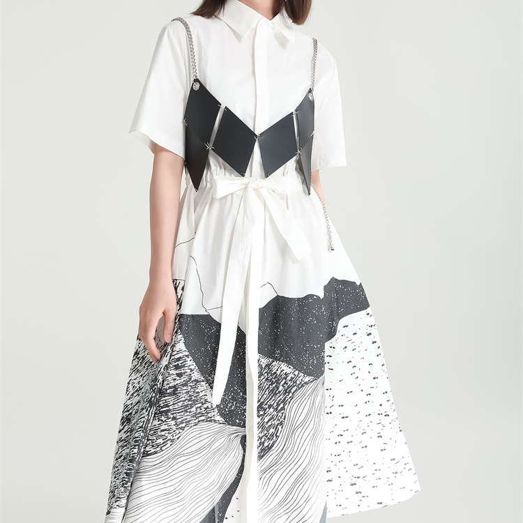 Women&#39;s Clothes Dresses Casual Summer Design Sense Abstract Printing Mid-length Dress Loose Swing Shirt Dress 