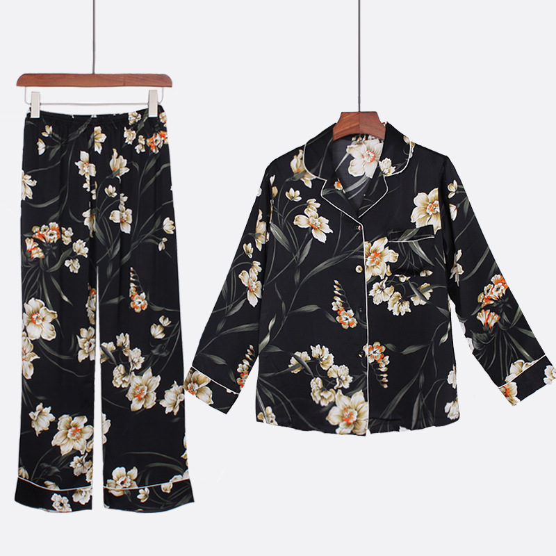 2022 New Style Women's Pure Mulberry Silk Floral Print Satin Pajamas Set Sleepwear Loungewear 