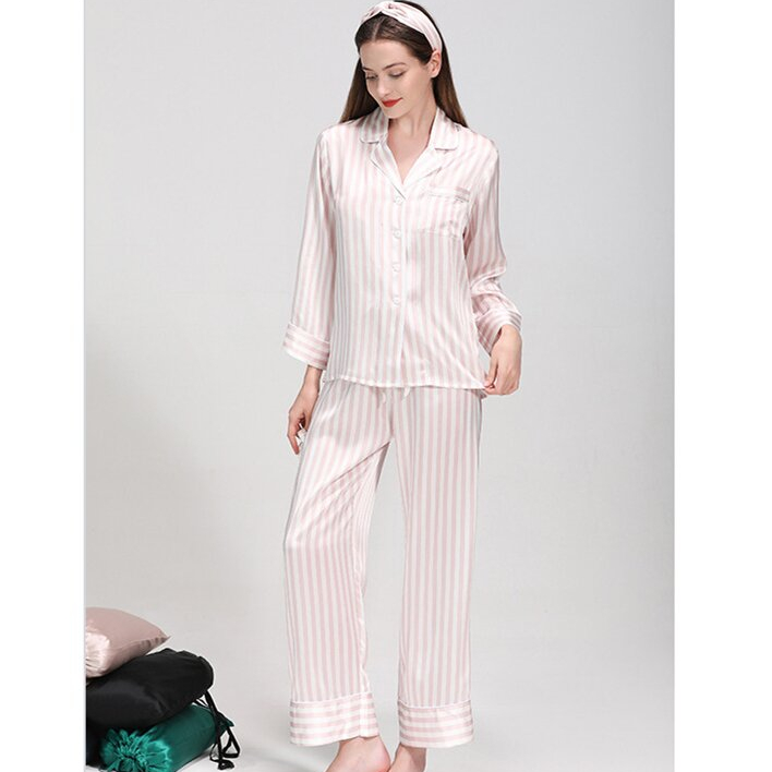 Women's Nightwear Knitted Silk Pajamas Long Sleeve Sleepwear Pajama Set Woman Pajamas Silk Two Pieces 