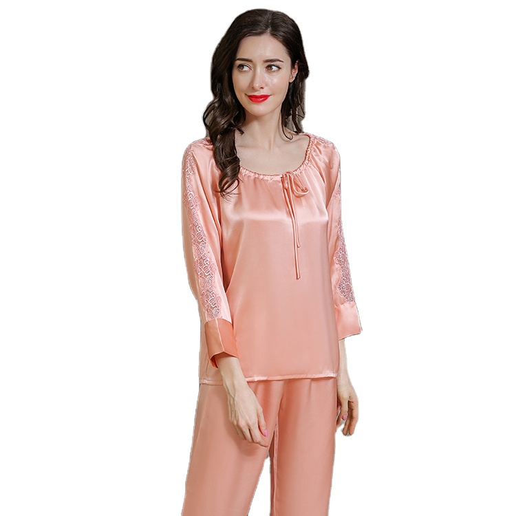 New Arrival Mulberry Silk Sleepwear Ladies Two Piece Set Long Sleeve Lace Hollow Silk Pajamas For Women Set 