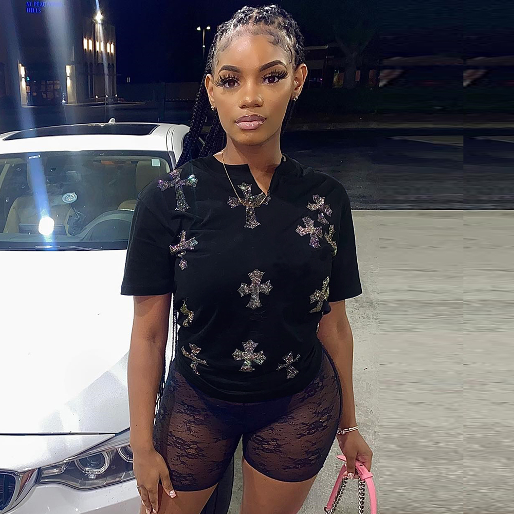 Kliou M22l18583 2022 Summer New Women's Ins Style Rhinestones Round Neck Short-sleeved Crystal Top Women's T-shirt 